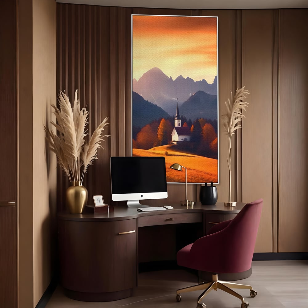 Tablou canvas cu tablou canvas cu biserica la apus, in rama de aluminiu argintiu, pe perete intr-un birou